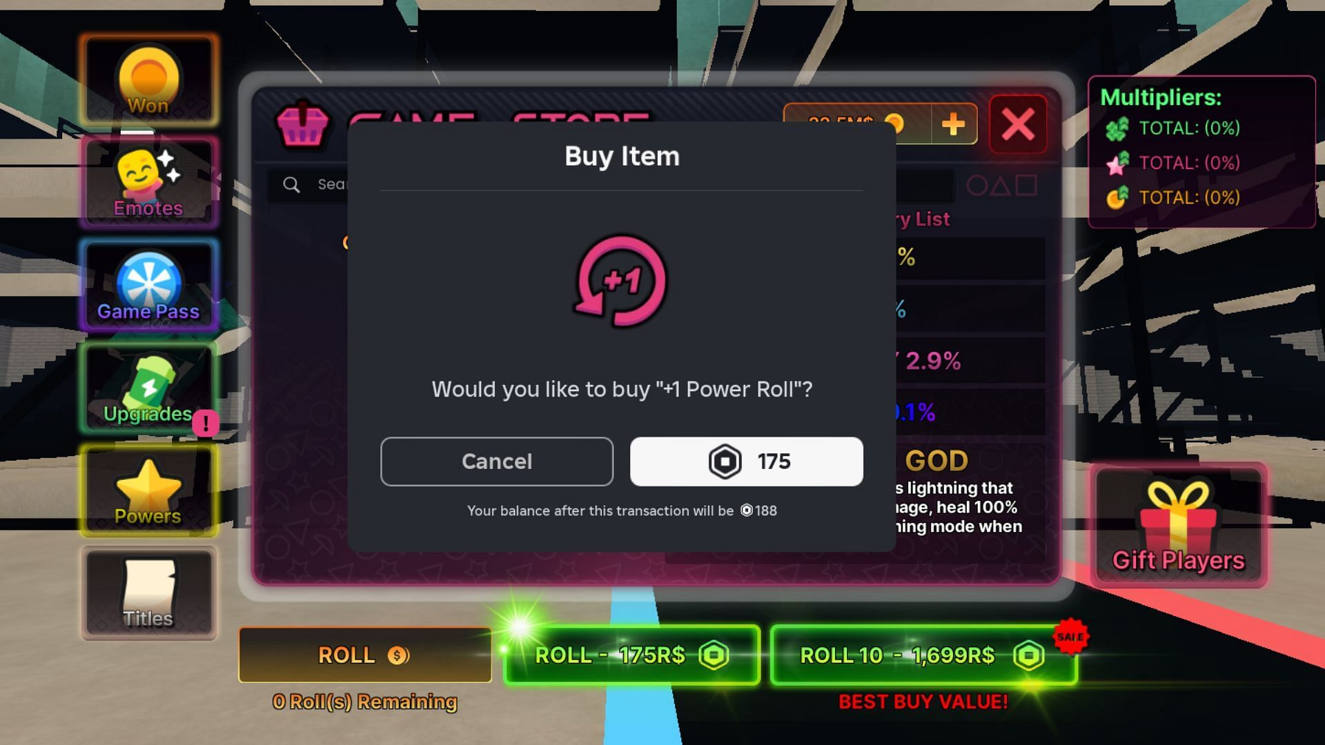 A single Power Roll costs 175 Robux (Image via Roblox)